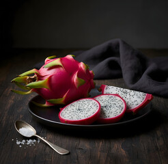 Sliced Dragon Fruit on Dark Table, Exotic Tropical Fruit Still Life