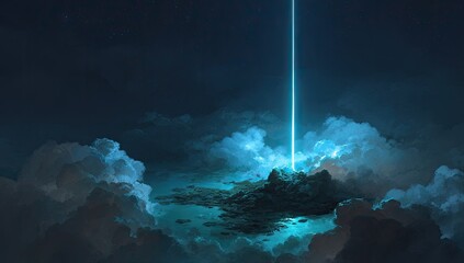 A vibrant beam of light pierces a celestial cloud formation