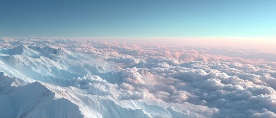 Above Snowy Mountains Under A Soft Pink And Blue Sky With A Sea Of Clouds Below In A Wide Aerial View