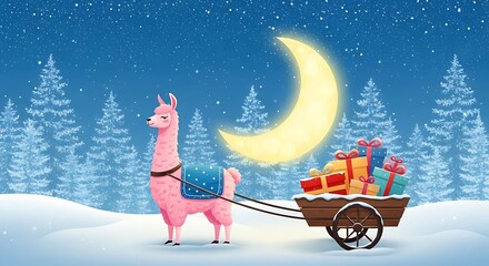 Festive Llama Delivering Gifts Under a Glowing Crescent Moon in Winter.