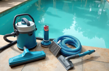 Pool cleaning tools including vacuum, hose, brush, and leaf skimmer ready for use next to clear blue water. Maintenance equipment for keeping swimming pool pristine and sanitized.