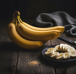 Ripe Bananas on Dark Background, Moody Food Photography