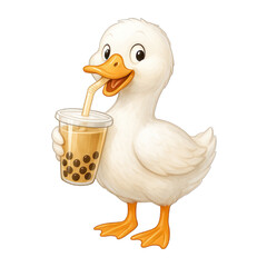 Cute duck drinking bubble tea with happy expression