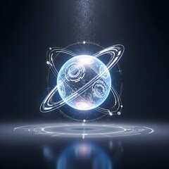 Luminous digital atomic model with holographic interface elements, symbolizing the core of artificial intelligence and future network technology