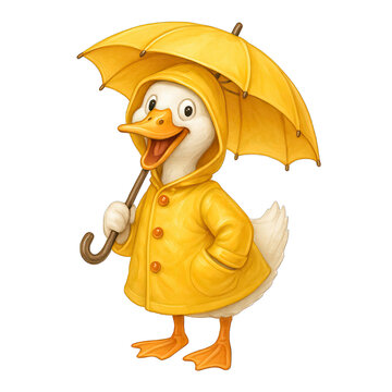 Happy duck wearing yellow raincoat and holding umbrella