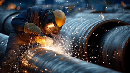 Worker welding steel pipes at oil construction site, sparks flying, dynamic action scene