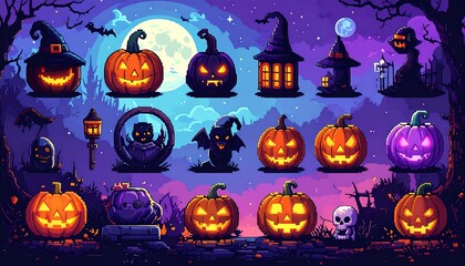 Spooky pixel art illustration showcasing various jack-o'-lanterns, haunted houses, and spectral figures set against a night sky