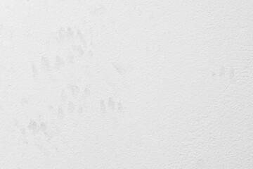 Dirty old white paint concrete wall with cat footprint or paw print red soil stains. Grunge and rough surface.