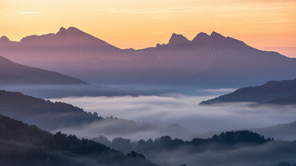 Majestic mountain range at sunrise with mist covering the deep valleys and colorful sky isolated on transparent background