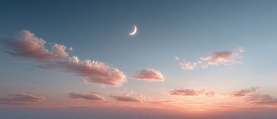 Cinematic Crescent Moon In A Dusk Sky With Pastel Clouds And Twinkling Stars