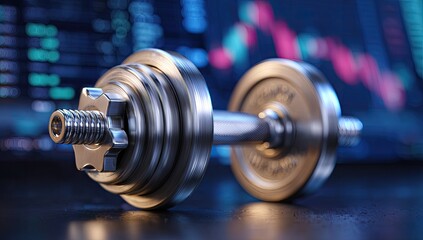 Metal dumbbell on dark surface with financial data background