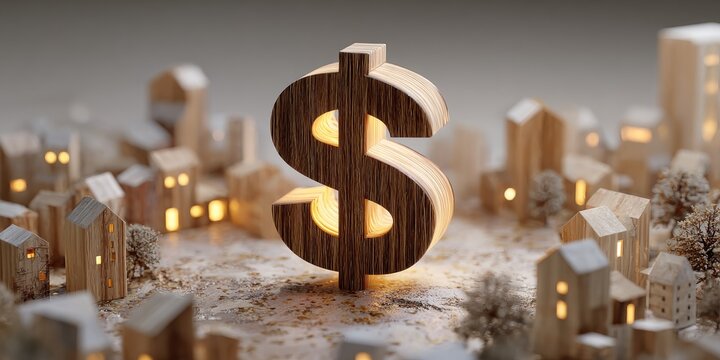 Wooden dollar sign amidst miniature wooden town