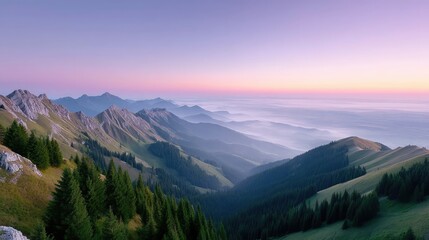 Cinematic Sunset Over Rolling Forested Hills With Purple Pink Sky And Misty Valley Below Viewed From Rocky Mountain Peak