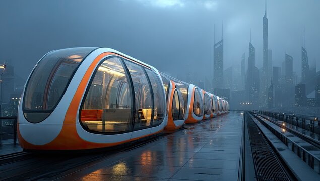 Futuristic elevated train system in a misty cityscape at night - Powered by Adobe
