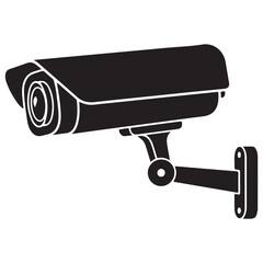 Black Surveillance Camera Icon with Wall Mount, Flat Vector Design