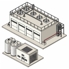Isometric illustration of industrial facility with storage tanks and large building featuring ventilation fans and loading bays © MST SAHIDA  BEGUM 
