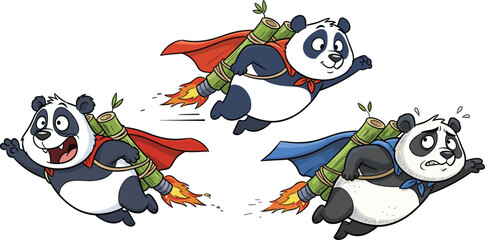 Funny cartoon pandas flying with bamboo rocket jetpacks and superhero capes, cute panda superhero adventure illustration for kids design © Mizanur