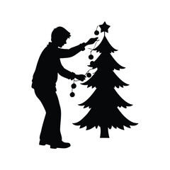 Silhouette of a man decorating a Christmas tree with ornaments, person decorating tree with lights silhouette vector illustration