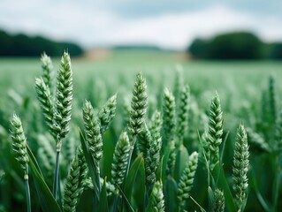 Close up Detailed Macro View of Vibrant Green Wheat Stalks in Early Growth Stage with Dew Drops on Blurred Agricultural Field Background Under Overcast Sky