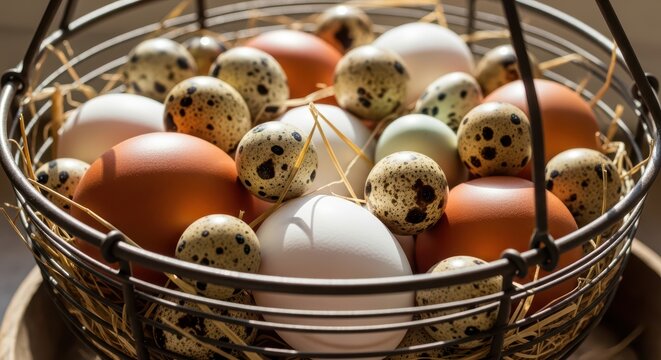 Assorted chicken and quail eggs in a rustic wire basket