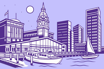 Flat design of Baltimore harbor skyline minimal night scene
