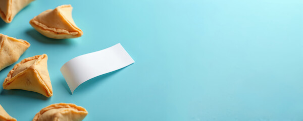 Fortune cookies border blank banner with space. Asian biscuit with prediction and fortune message. Empty paper template, design layout. Blue background with food for label mockup. Concept template