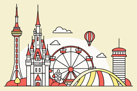 Flat design of Orlando theme park skyline minimal vector
