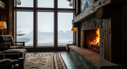 Cozy mountain cabin living room with fireplace and snowy window view