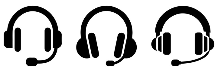 Headphones with microphone three different designs black color simple style.
