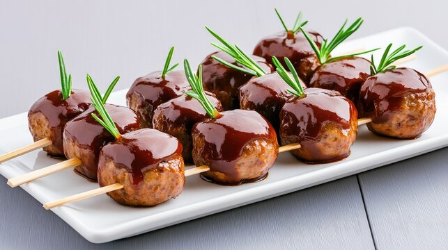 Smoked meatballs drizzled with barbecue sauce on an elegant platter for a romantic Valentine's Day celebration - Powered by Adobe