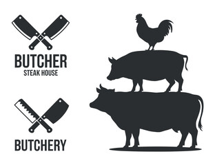 Butcher Steakhouse Vector: Crossed Cleavers, Farm Animals Stacked