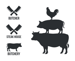 Butcher Shop Animals and Cleavers Vector Meat Industry