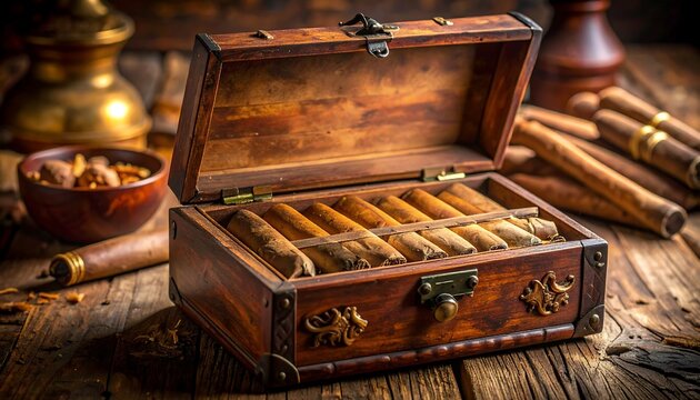 Wooden cigar box filled with cigars on a rustic table