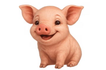Happy smiling baby piglet sitting, cute illustration of a cheerful farm animal with transparent background