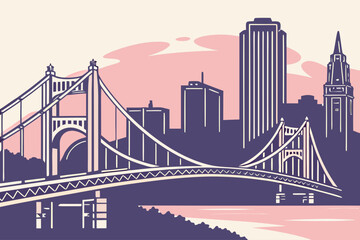 Minimalist Pittsburgh bridges skyline pastel gradient design
