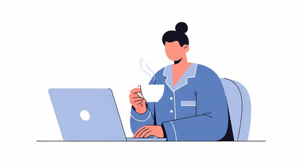 Woman in Pajamas Working on Laptop with Coffee.
