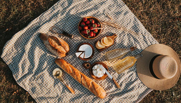 Summer Park Picnic Flatlay with Fruit, Bread and Cheese - Powered by Adobe