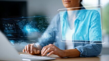Female professional interacts with advanced virtual screen displaying global data analytics, digital information. Modern workspace highlights remote work trends, cutting edge technology integration - Powered by Adobe