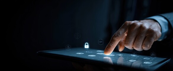 A hand touches a tablet screen, security icons glow