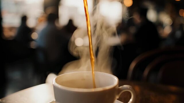 A cup of coffee being poured with steam rising, creating a cozy and inviting atmosphere