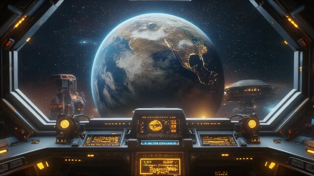 Earth from Spaceship Cockpit Space Exploration, Sci-Fi, Future