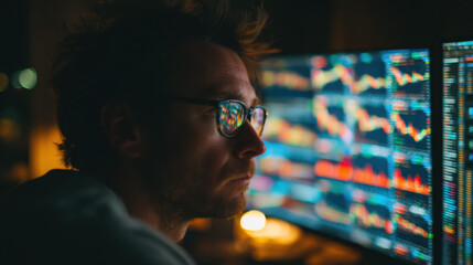 Professional financial trading workspace with multiple digital screens displaying stock market analytics, data analysis, cybersecurity, and modern technology tools