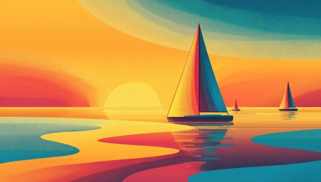 Colorful sunset seascape with sailboats