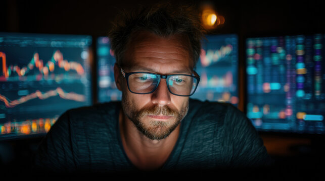 Professional digital workspace with multiple computer monitors displaying financial data, analysis charts, cybersecurity systems, and modern technology tools for business success