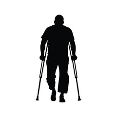 Silhouette of a man walking with crutches, symbolizing disability and support, person using crutches silhouette vector illustration