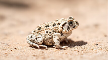 Obraz premium herpetology. Macro view of a Sonoran Desert Toad resting on sandy terrain in natural sunlight. wildlife magazines, conservation campaigns, designed for wildlife conservation campaigns.