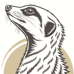 Stylized illustration of a meerkat head looking upwards against a soft beige circular background