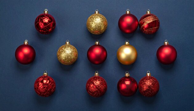 Symmetrical grid of red and gold Christmas ornaments with decorative patterns and gold beads on dark blue background for editorial festive photography holiday decor and poetic elegance-themed visuals