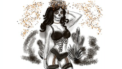 Mexican girl, skeleton, day of saints