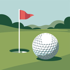 Obraz premium A golf ball rests on a green next to the hole and a red flag.